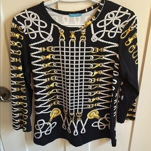J. McLaughlin Black, White & Gold Nautical 3/4 Sleeve Top, size M